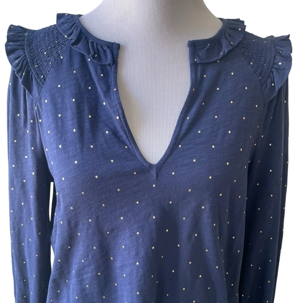Boden Notch Neck Smocked Frill Top Cotton Blouse in Navy Gold Dot Size 6 T1034